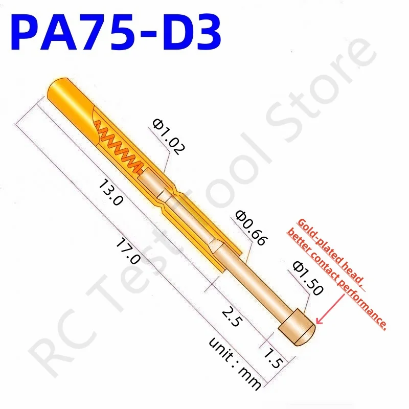 

100PCS PA75-D3 Spring Test Probe PA75-D Test Pin PCB Test Tool 17.0mm Dia 1.02mm Gold Needle Tip Dia 1.5mm Pogo Pin P75-D P75-D3