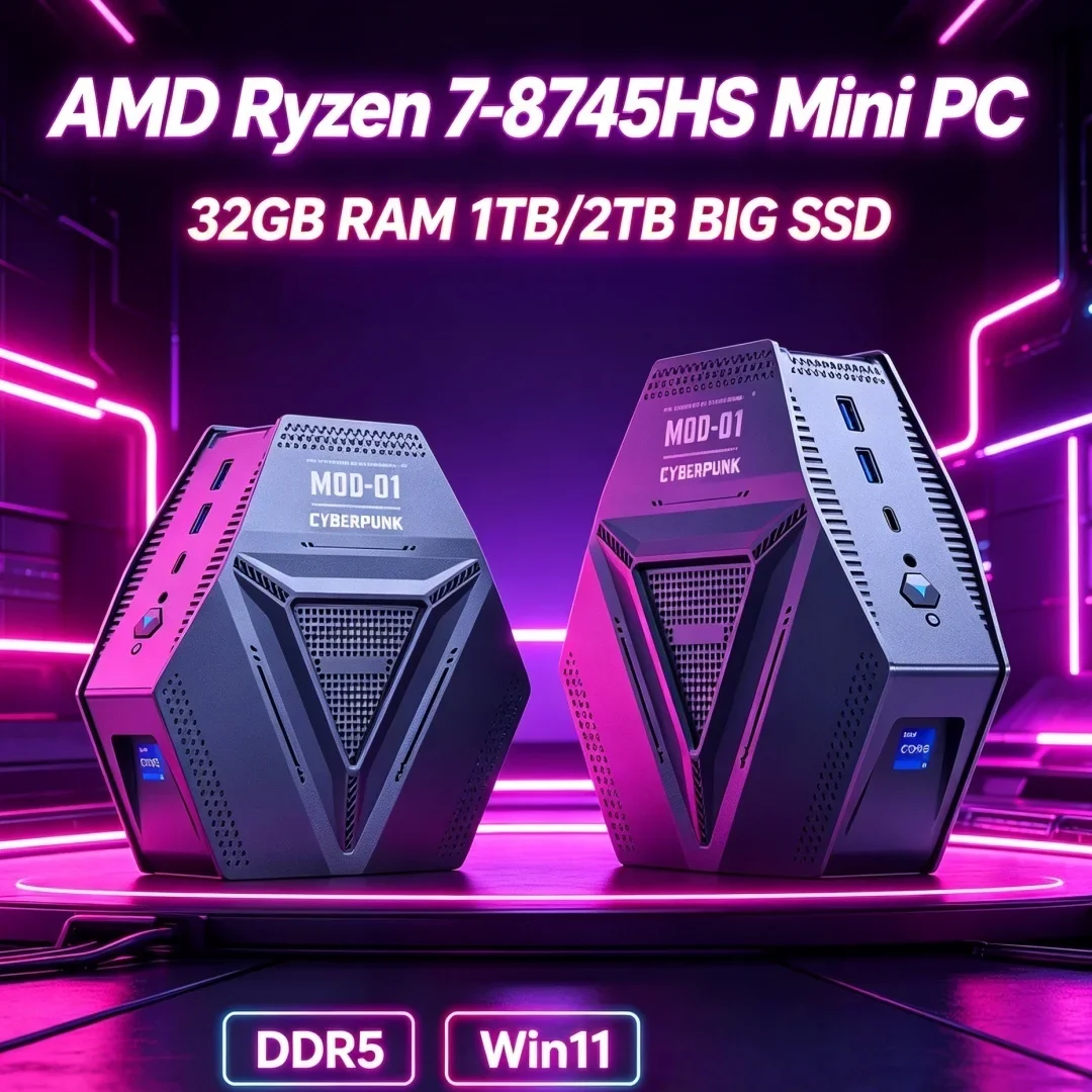 

Portable Gaming Mini PC AMD Ryzen 7 8745HS WIFI6 Type-C HD DP 2DDR5 4USB3.2 2*2.5G LAN Windows11 Home Office Desktop
