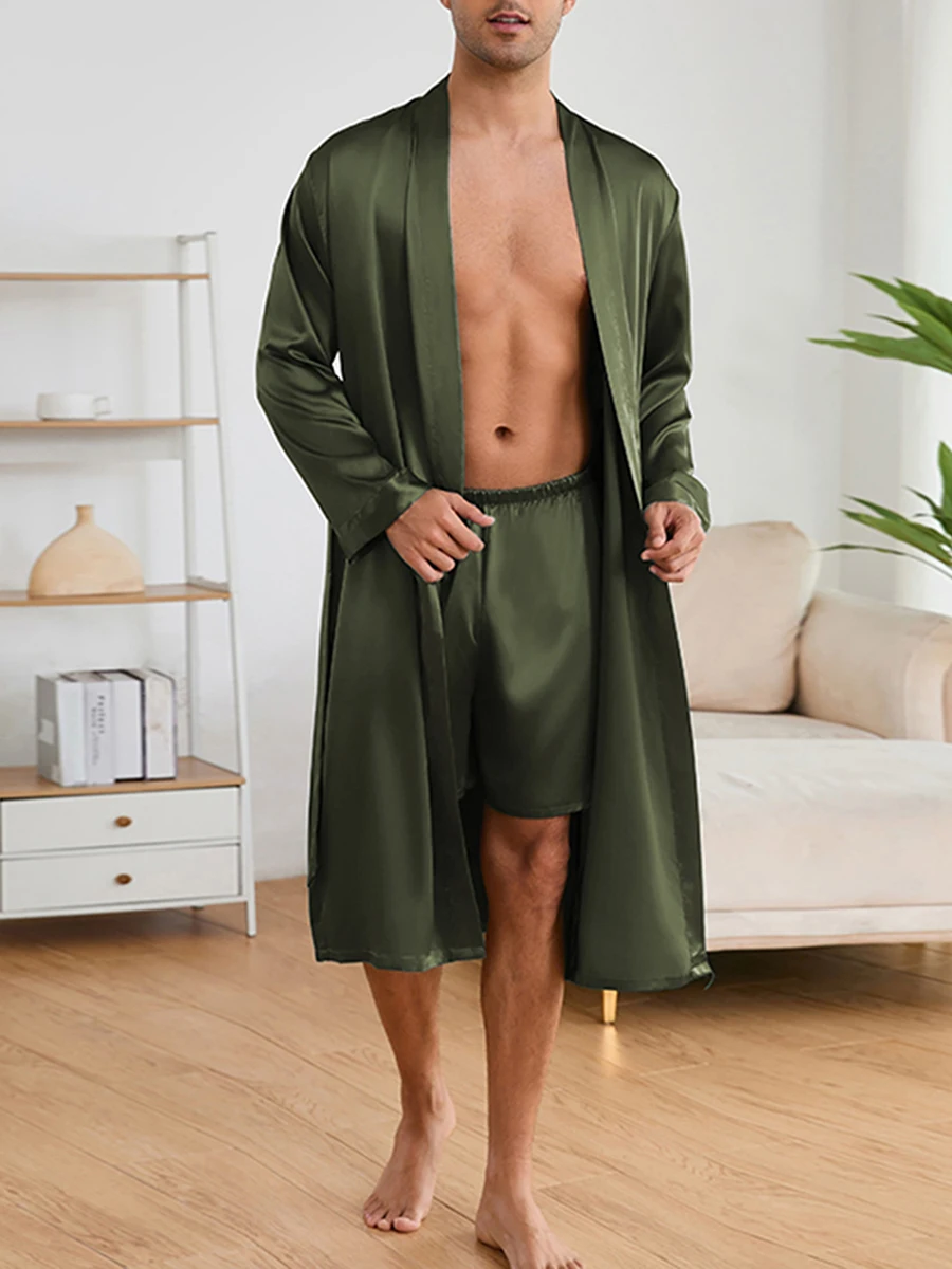 Men s Robe Silky Bathrobe with Shorts 2 Pcs Set Solid Color Long Sleeve Wrap V-neck Nightwear with Belt