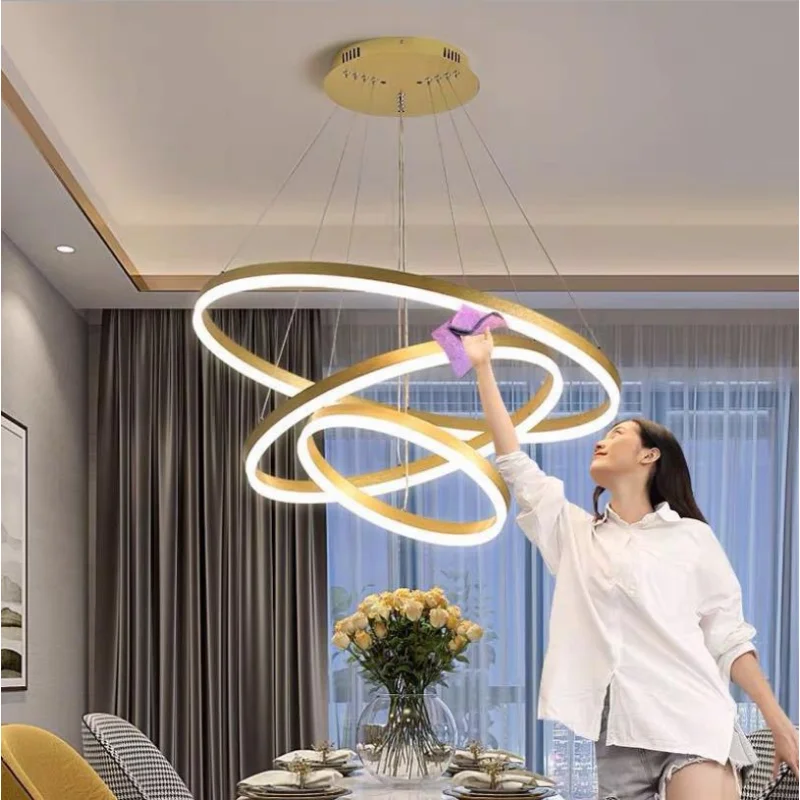 

Modern Led Chandelier for Living Room Dining Room Metal Pandant Lamp Lighting Hanging Gold 5 Circle Rings Lamp Lampare Deco Tech