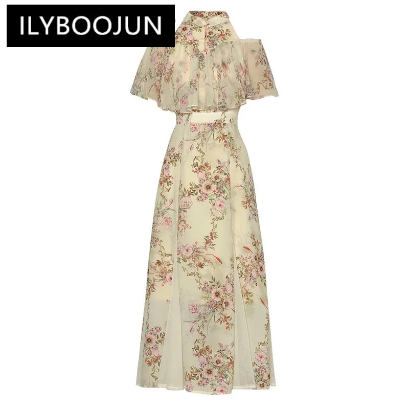 

ILYBOOJUN Summer Fashion Runway Dress Women Grace Strapless Butterfly Sleeve Floral Print Chiffon Tunics Button Princess Dresses