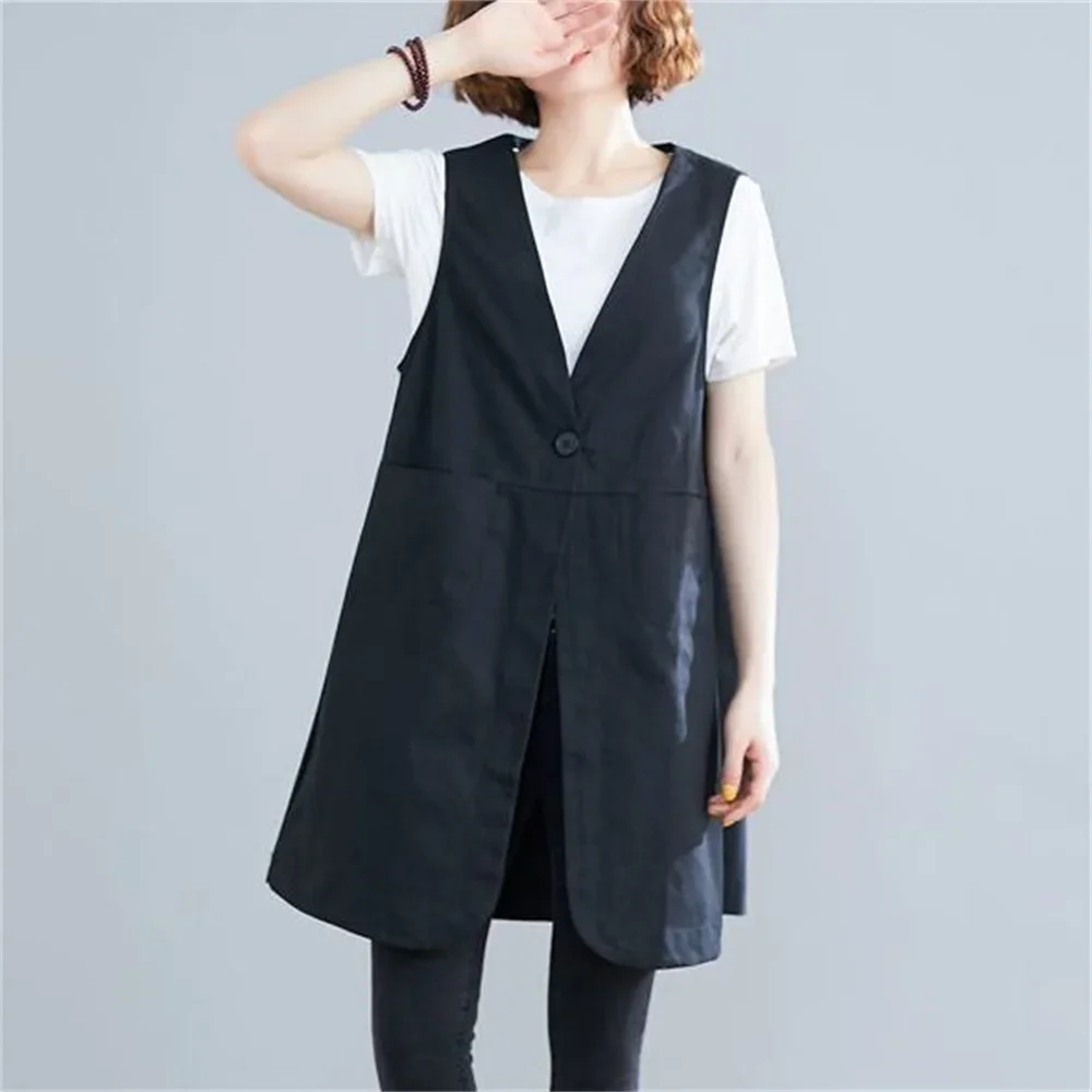 Cotton Linen Vest Women Waistcoat New Spring Summer Loose V-Neck Sleeveless Vest Top Long Grey Black Casual Vest Jacket V745