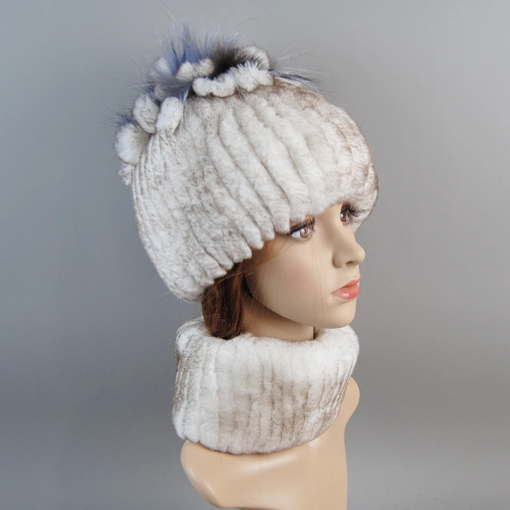 Conjunto de bufanda de piel de conejo Real para mujer, gorro con bufanda de piel de conejo Rex Natural, cálido y elástico, para invierno