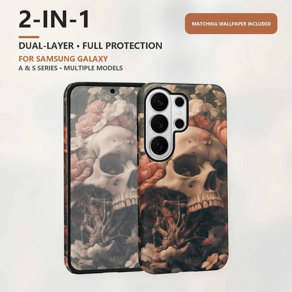 Skull With Flowers 2-in-1 Dual-Layer Phone Case for Samsung Galaxy S26 S25 S24 S23 S22 S21 Plus Ultra FE S20 FE A56 A17 A16 A15