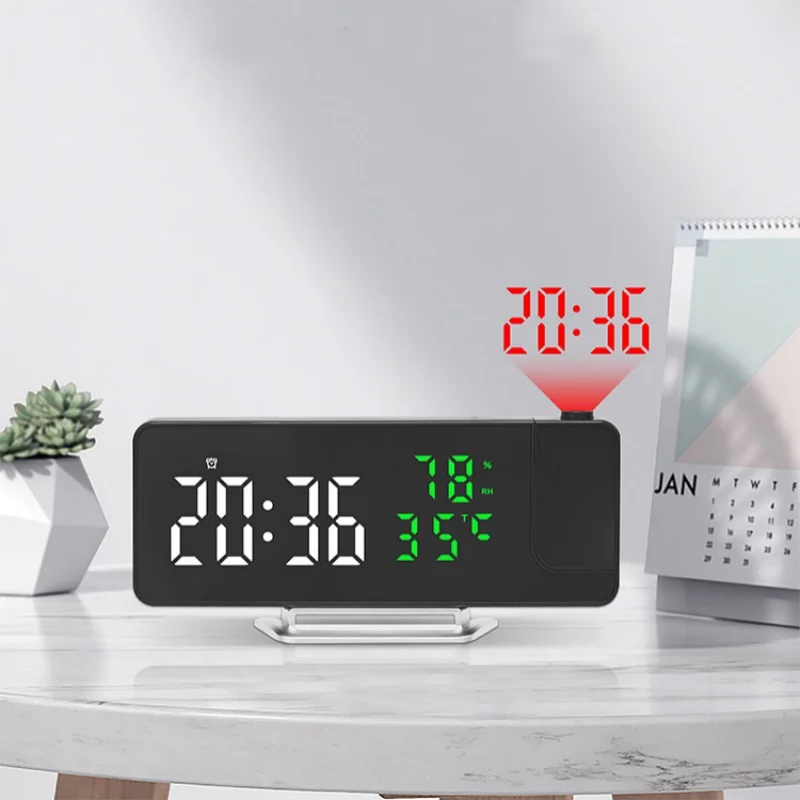 

180° Rotation Digital Projection Alarm Clock TEMP Humidity Date Night Mode Snooze Table Clock 12/24H ℃/℉ USB Powered LED Clock