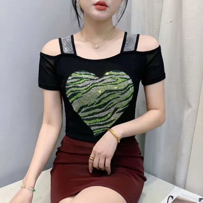 Streetwear Heart Shaped Hot Diamond Design Tees Summer Slim Sexy Off Shoulder Women T-Shirts Tops Camisa De Mujer Femme