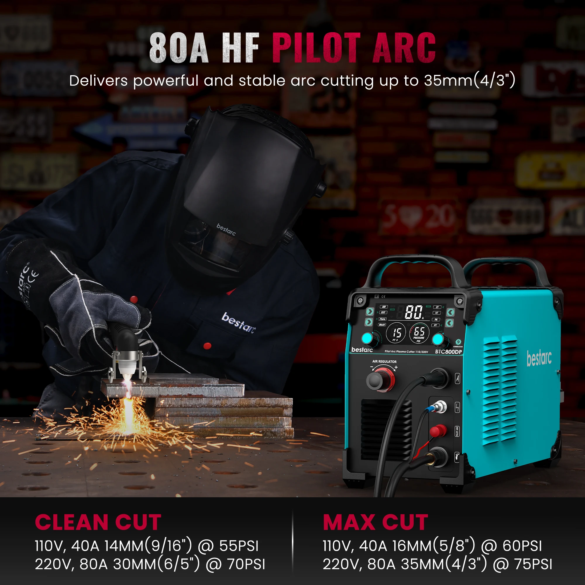 bestarc Plasma Cutter, Pilot Arc BTC800DP 9th Generation 80 Amps Screen Display 220V Single Phase Voltage Digital Plasma Cutter