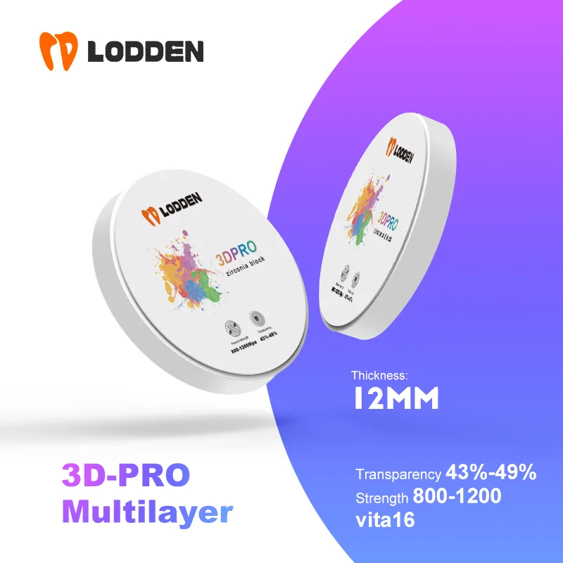 LODDEN 3D Pro Multilayer Zirconia Dental Block CAD CAM Open System 98x12mm Transparency 43-49% Strength 800-1200 Vita16 & BL 1-4