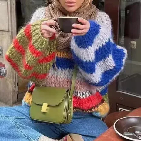 

Полосатый свободный крой с круглым вырезом, вязаный свитер для женщин, цветной блок, осенне-зимний свитер, модный уличный стиль
