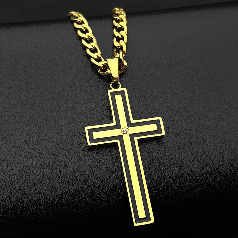 Christian Jesus Cross Stainless Steel Rhinestones Pendant Necklace for Men Gold Color Long Chain Necklaces Religous Jewery Gift
