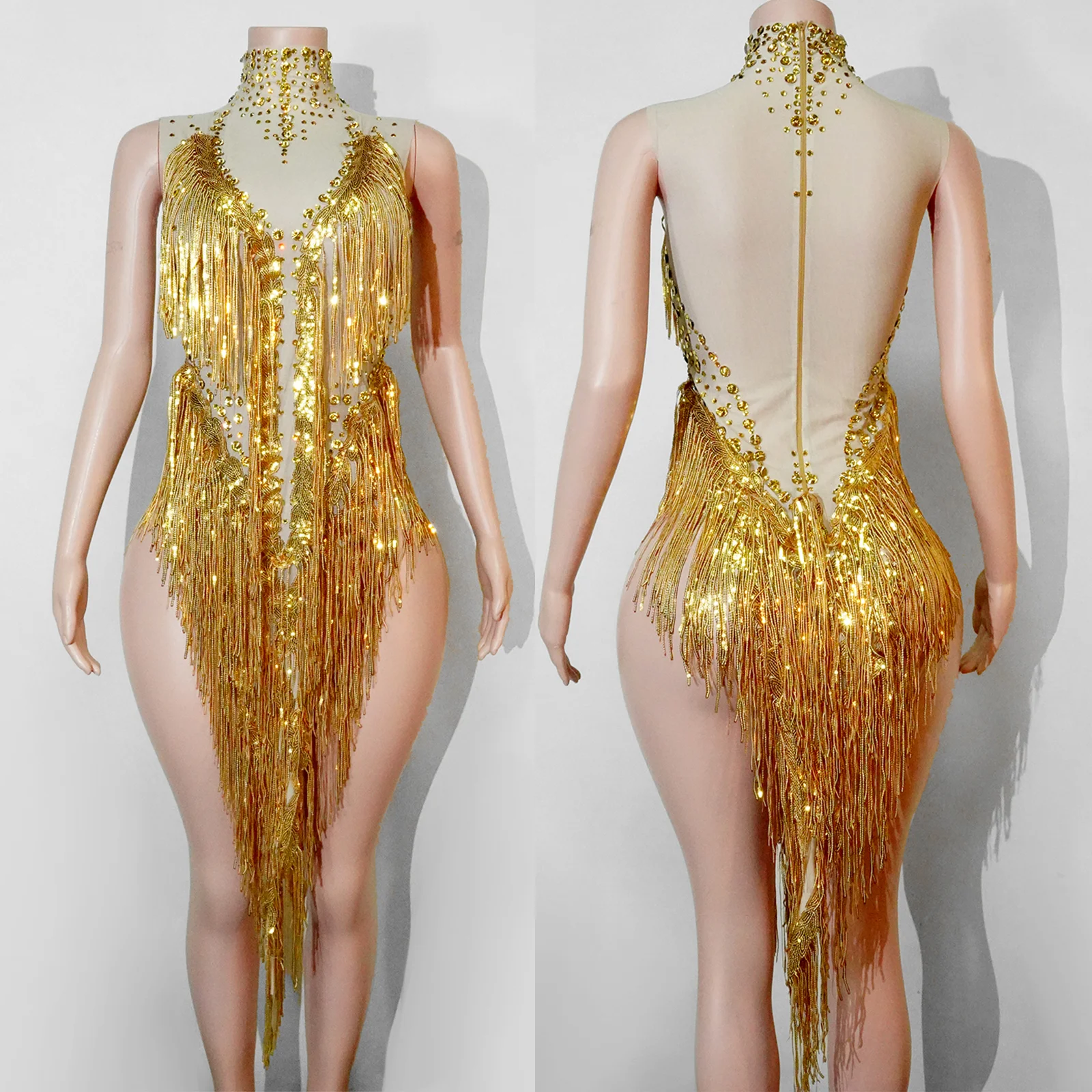 

New Crystal Rhinestone Fringes mesh Dress Long Sleeve Sexy Prom Dance stage Costume Female Singer Night Party birthday for dress