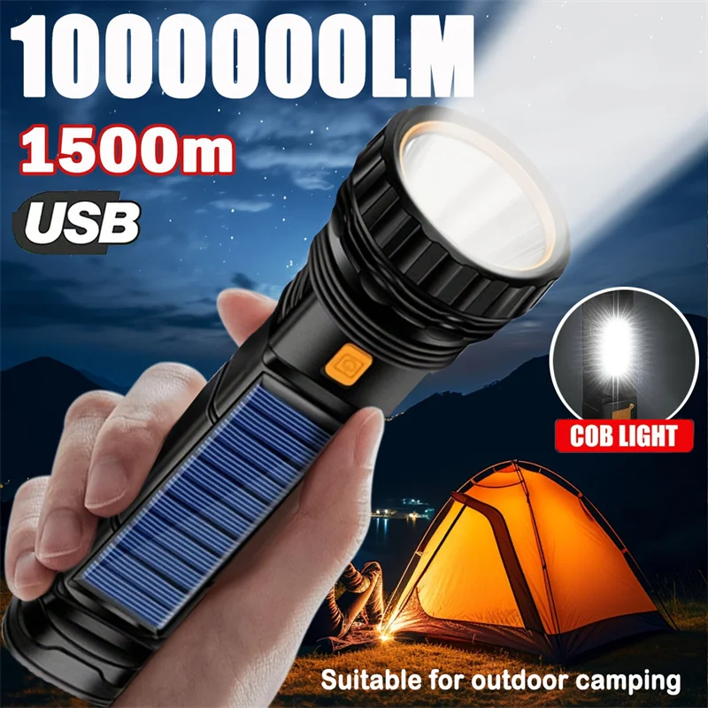 High Power LED Flashlight Solar And USB Rechargeable Powerful Tactical Torch Super Long Range Lamp Outdoor Camping