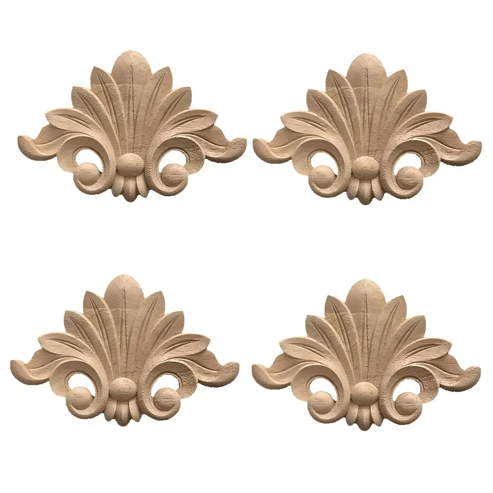 4pcs Unpainted Wood Carved Onlay Applique Decorative Light Door Wall Decors for Cabinets Windows Cupboards Mirrors Furniture