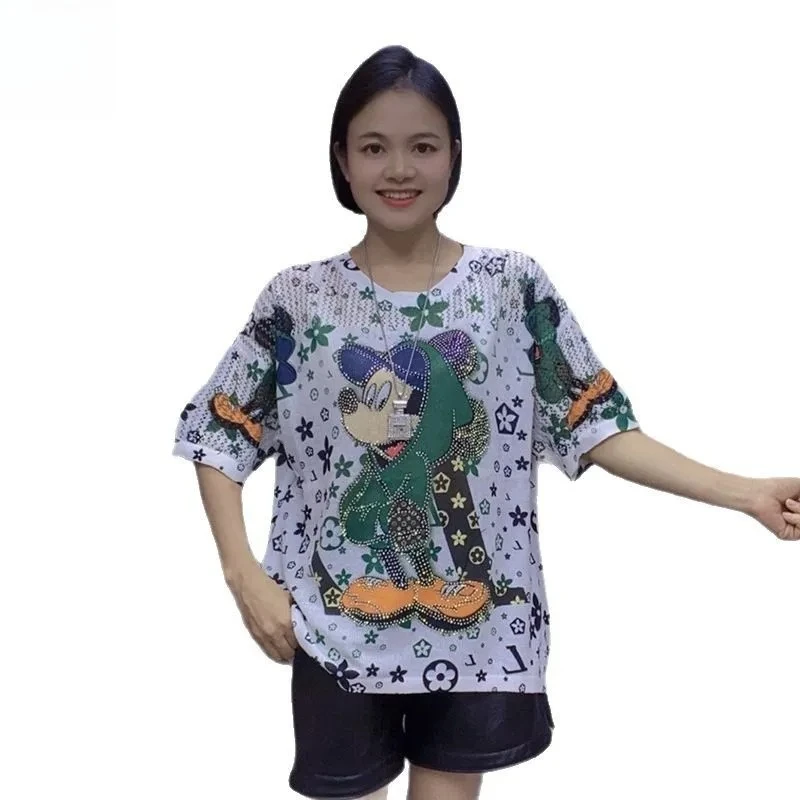 

Женский негабаритный топ с короткими рукавами и Микки Маусом — модная повседневная блузка больших размеров со стразами и принтом