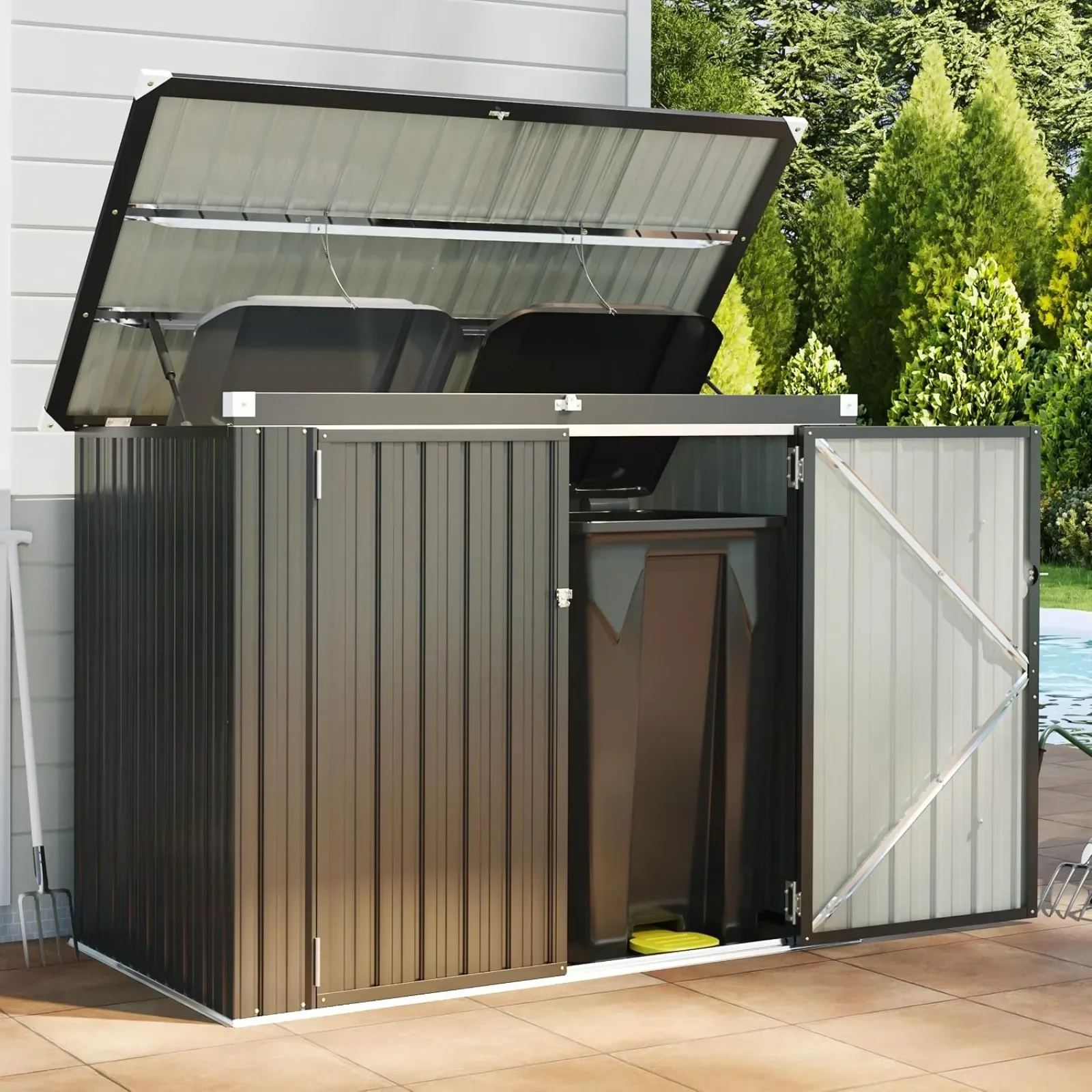 HOT Outdoor Trash Can Storage Shed - Metal Waterproof Outdoor Garbage Can, Organizer with Chain Lid, Ideal for Trash Bins, Toys, Garden Tools for Garden/Backyard/Patio