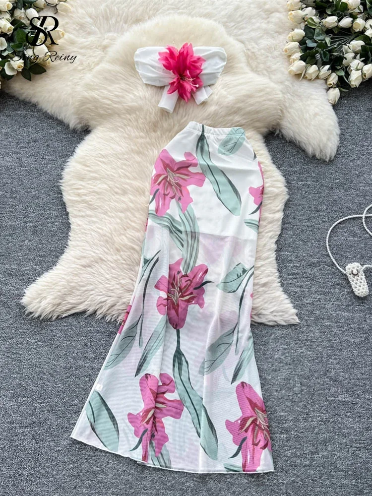 

SINGREINY Ladies Holiday Beach Print Bikini Sets Fashion Mini Tank Top+Slim Skirt Set Summer Streetwear Sexy Long Skirt Suits