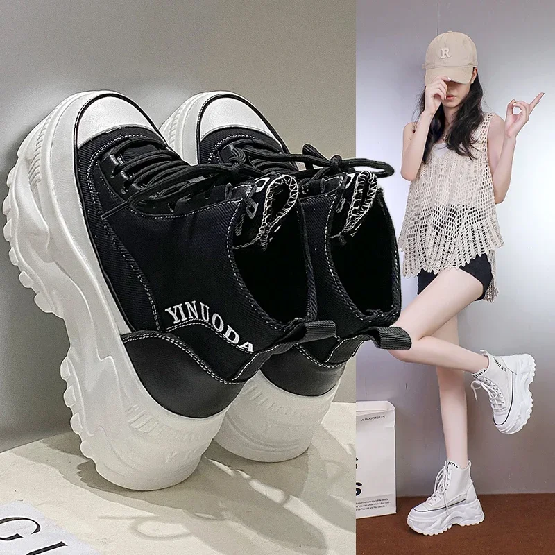 Women Sneakers High Top Platform Breathable Leather Shoes 2023 Autumn Ladies Wedges Casual Shoes For Woman Sports Dad Shoes 8CM