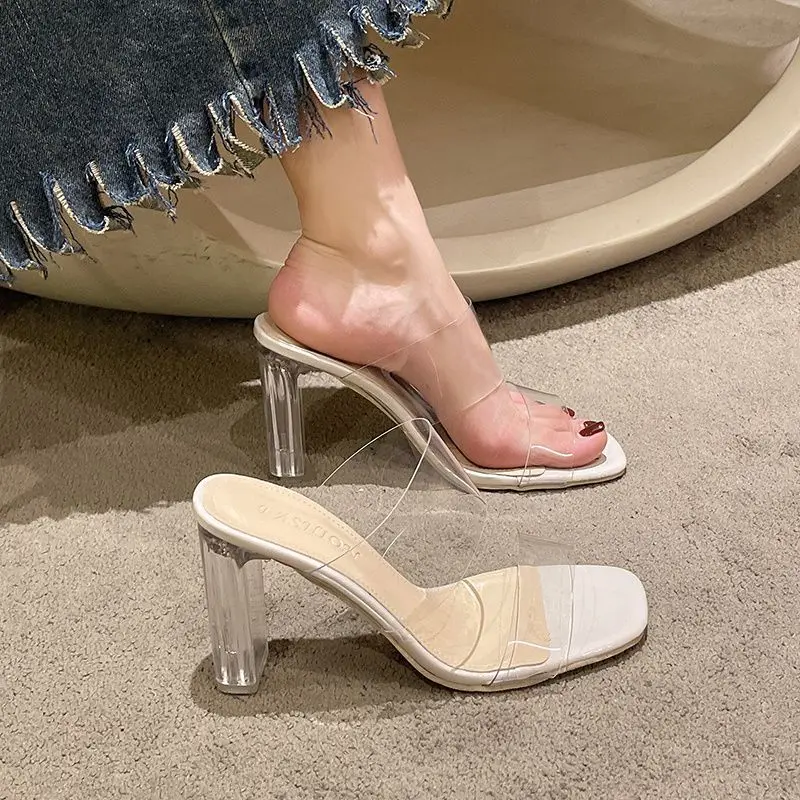 2024 New Summer Transparent Sandals,Women's Medium Heel Thick with Water,3.5cm~9cm High Heels A Line with Slippers Women's Shoes