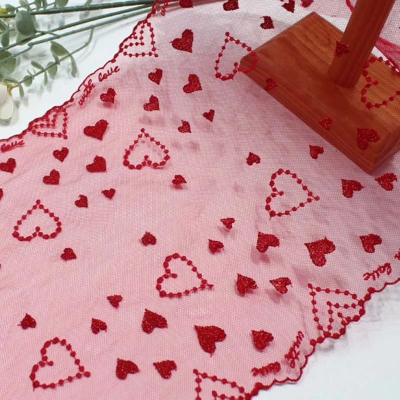 68Yards Bilateral Mesh Embroidery Lace Item Fabric, Red Hearts Hair Accessory Clothing Accessories, Handmade DIY Garment Sewing