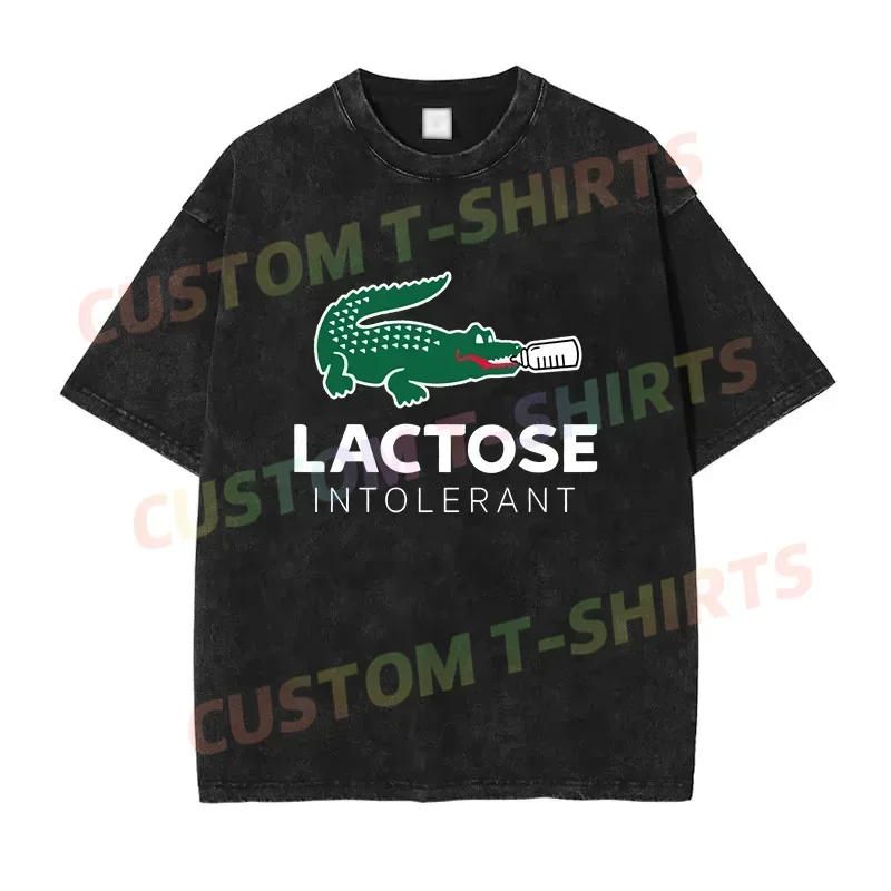 

2024 Summer Vintage Cotton Washed Funny Lactos Intolerant Parody T-Shirt Loose T Shirts Men Y2K Hip Hop Top Tee
