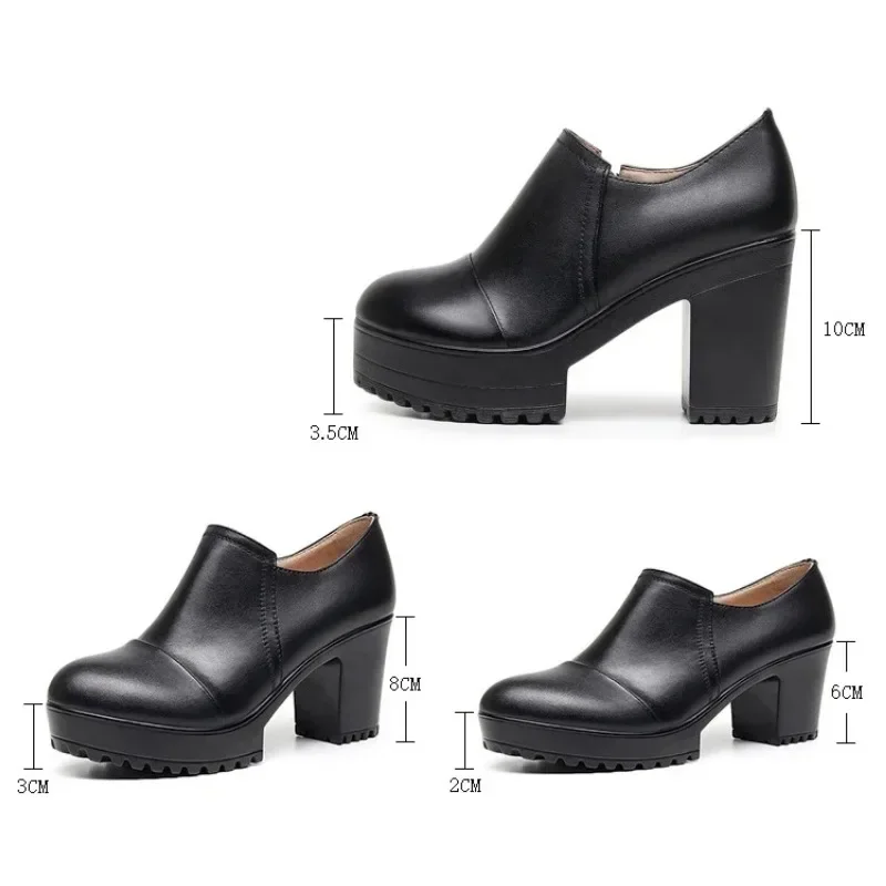 6 8 10cm Small Size 33-43 Deep Mouth Genuine Leather Shoes Women Pumps 2024 Spring Block High Heels Shoes for Office Model