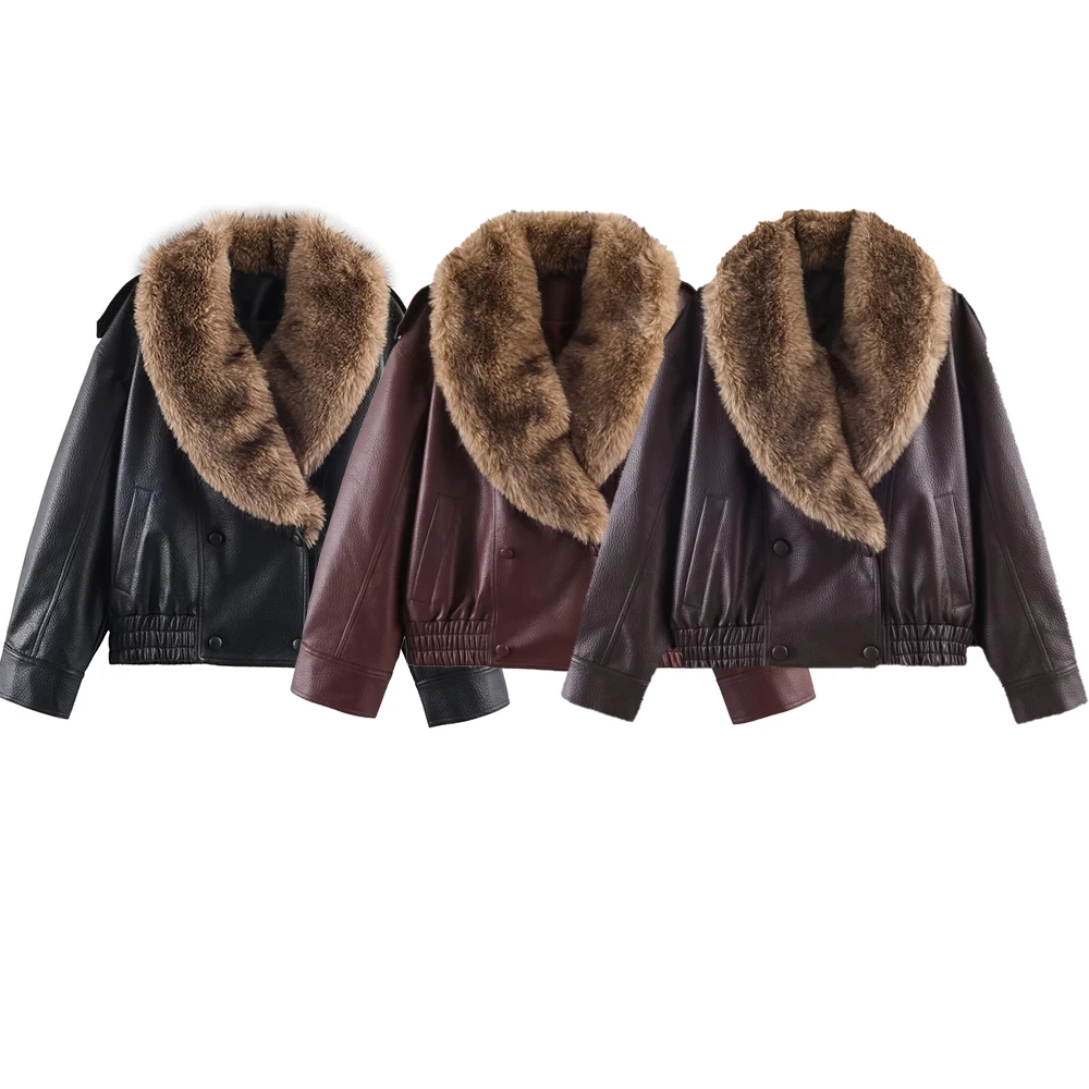 

Winter new product women's loose detachable fur fur collar imitation leather jacket jacket leather jacket