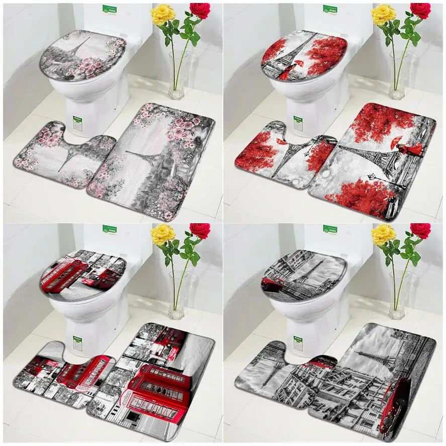 Vintage Paris Tower Bath Mat Set Red Telephone Booth Romantic Lovers Oil Painting Art Bathroom Decor Non-Slip Rugs Toilet Cover