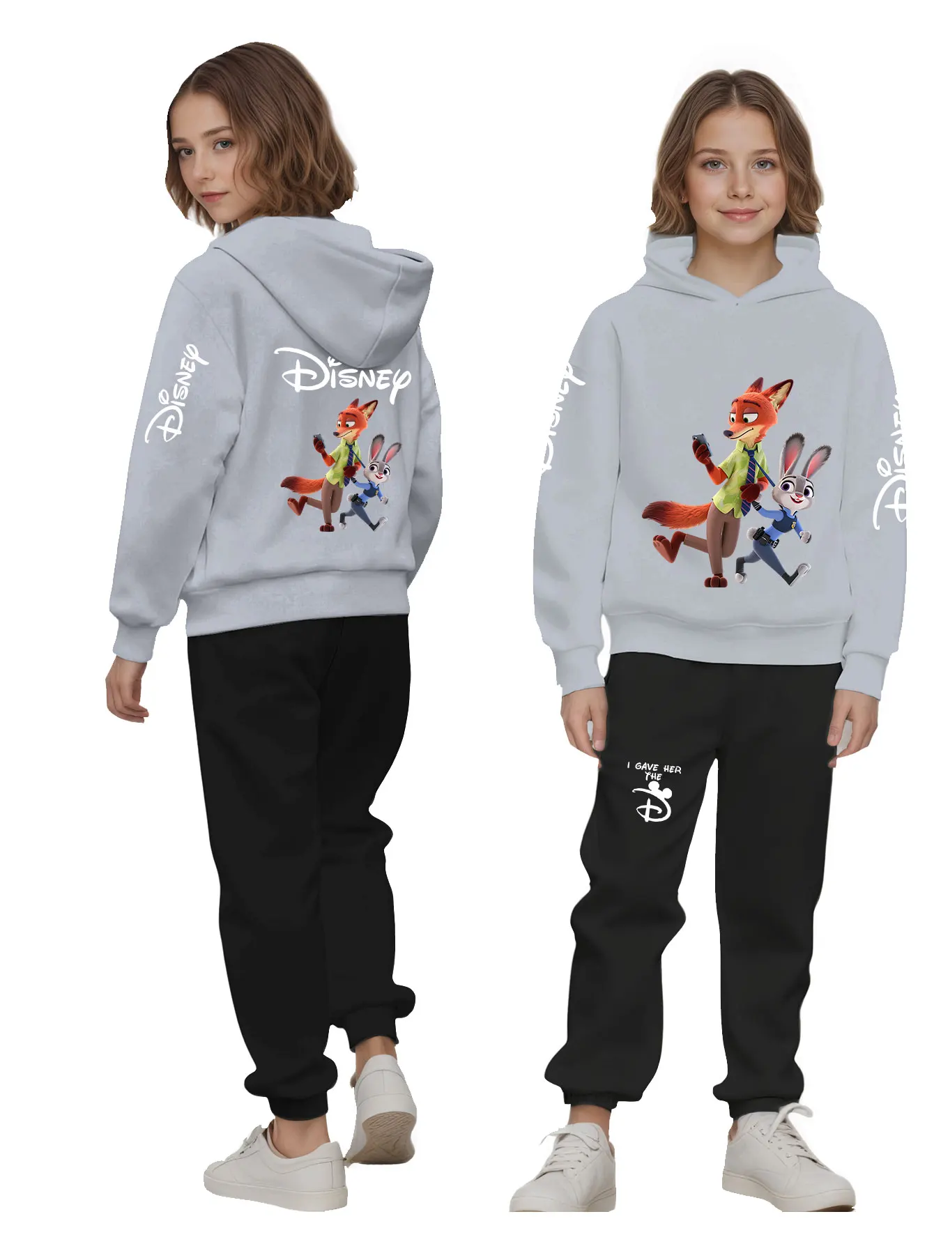Dwuczęściowy zestaw: bluza z kapturem i spodnie dresowe z nadrukiem z kreskówki Disney Zootopia, jesienne, codzienne, urocze, luźne dla chłopców i dziewcząt.