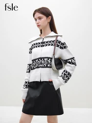 FSLE 6.3% Wool 13.4% Rabbit Hair Turn-Down Collar Women Cardigans Zipper Placket Short Sweater Black White Jacquard Sweaters