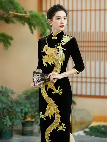 2026 chinese improved dress traditional qipao dress national dragon embroidery velvet qipao oriental banquet evening dress qipao
