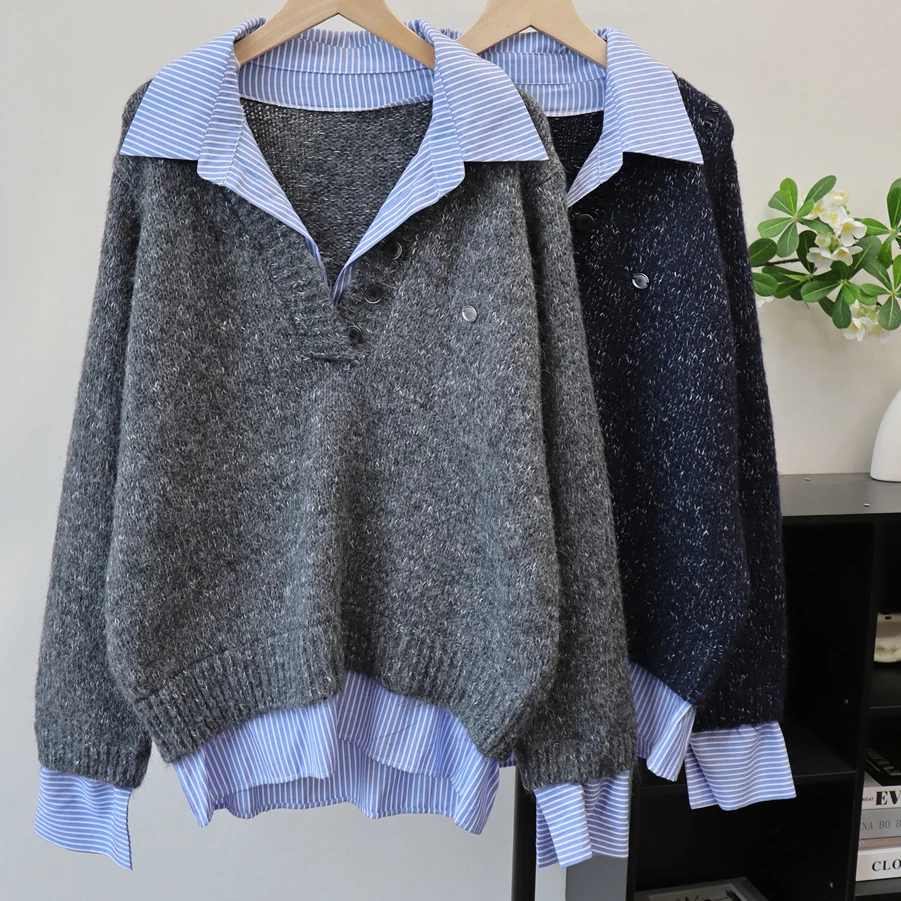 

Женские свитера с двумя поддельными отложными воротниками и длинными рукавами Y2k, уличная одежда, элегантные вязаные пуловеры в полоску, осень-зима 2025