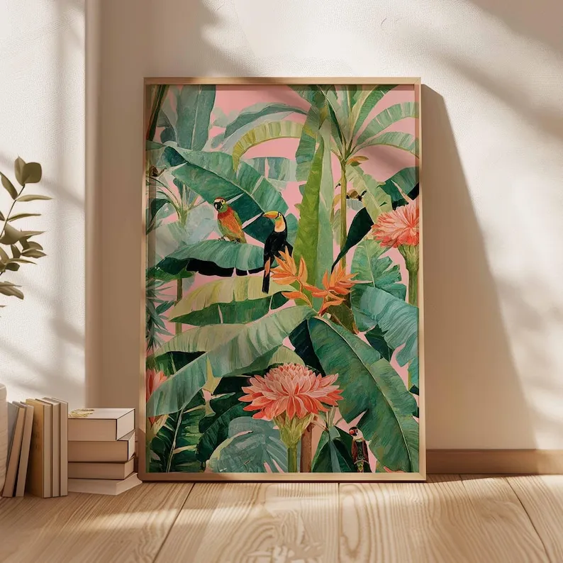 1pc Retro Tropical Canvas Poster, Unframed Botanical Nature Print,Jungle Leaves Wall Art Posters for Living Room & Bedroom Decor
