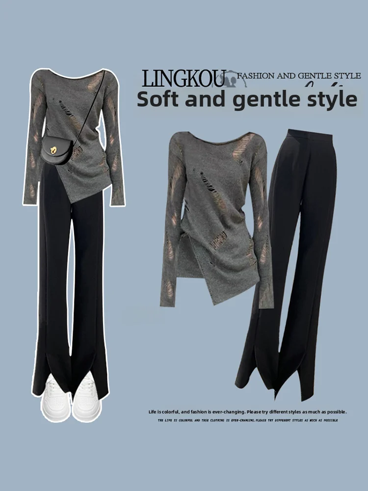 Sexy Hollow out Split Career Women's Fashion Set High Waist Pants Two-Piece Autumn Wear Miniature Street Style Ensemble