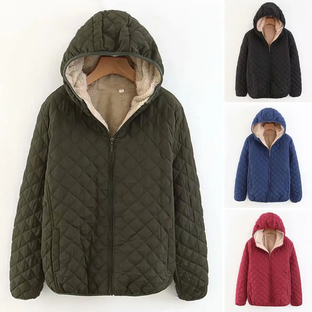 Autumn Winter Women Hooded Jacket Solid Color Long Sleeves Zipper Pocket Cotton Coat Casual Loose Fit Quilted Ladies Outwear