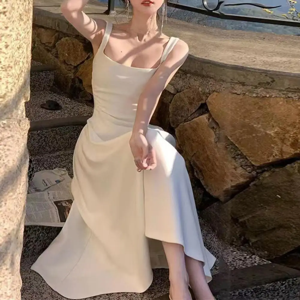 Evening Party Women Dress Low-cut Square Neck Sleeveless High Waist A-line Solid Color Frence Style Prom Banquet Maxi Dress