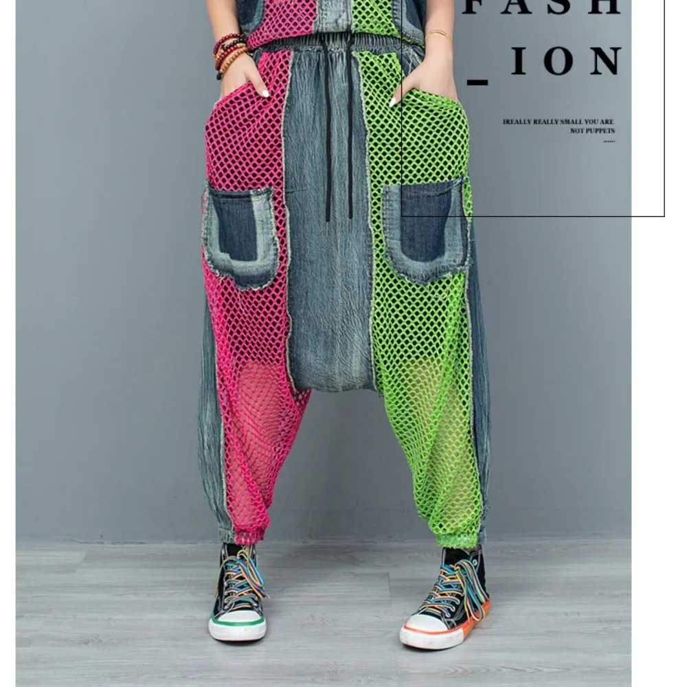 

Contrasting Color Denim Patchwork Large Crotch Pants Women 2024 Summer LX1341