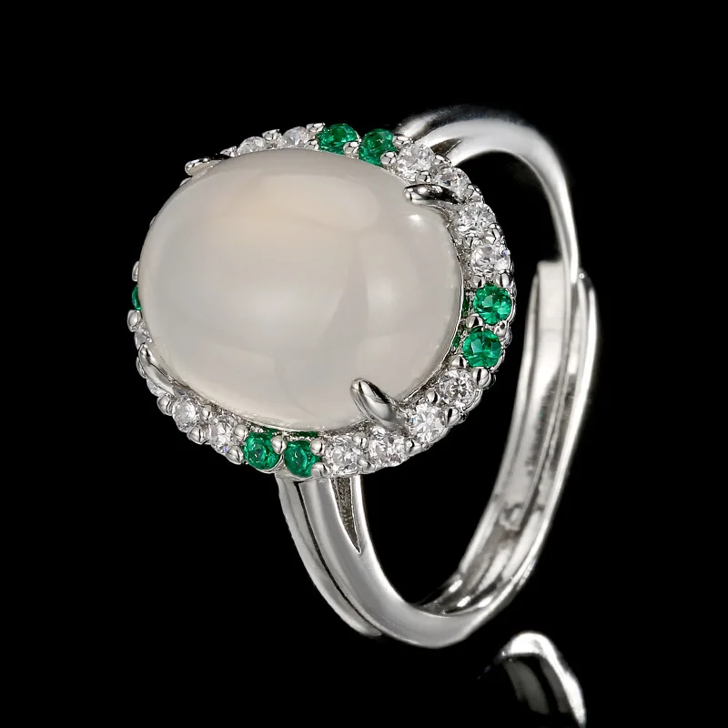 

Vintage Milky White Oval Gem Jewelry Adjustable Ring Statement Necklace Dangle Earrings for Womens Wedding Party Evening Fashion