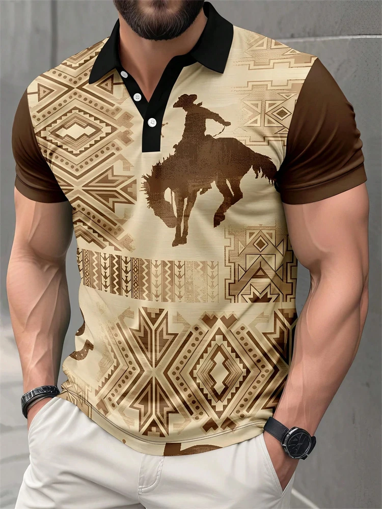 Men's 3D Ethnic Print Color-Block Polo Shirt Summer Casual Streetwear T-Shirt Loose-Fit Short-Sleeve Top Collared T-Shirt