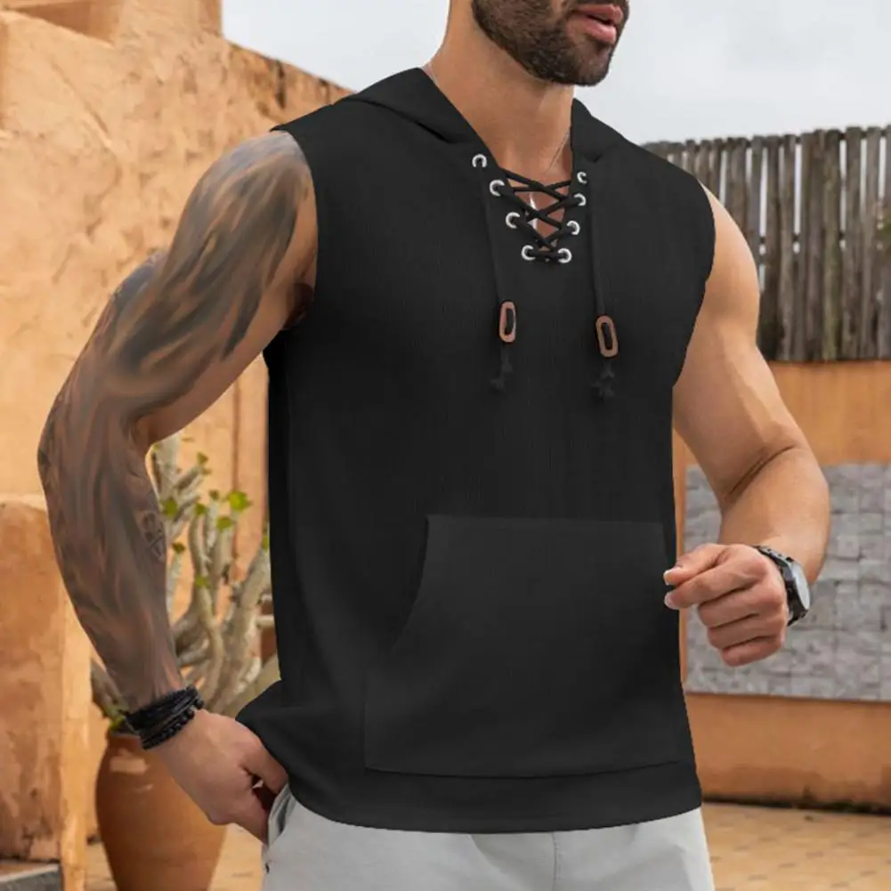 

Men Hooded Top Men's Hooded Knitted Pullover Summer Wear with Drawstring Lace-up Solid Color Mid Length Top Lace-up Shirt