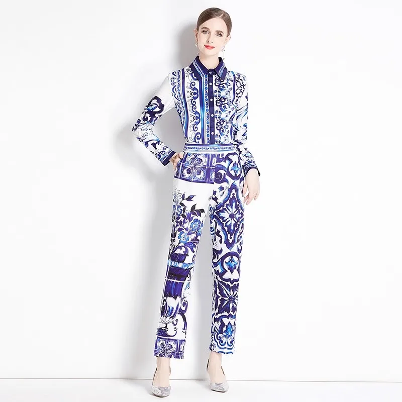 

Autumn Blue And White Porcelain Two Piece Set Vintage Women Lapel Single Breasted Flower Print Loose Shirt + Pockets Pant Suits