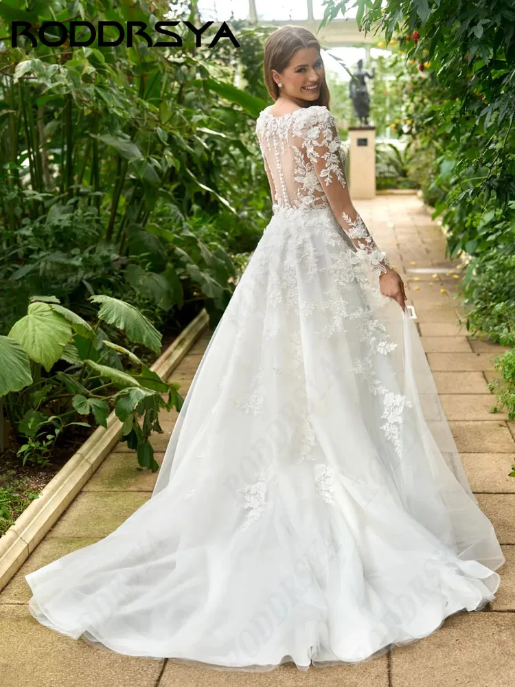 RODDRSYA Princesa Vestidos De Casamento Elegante Renda Manga Longa A linha De Noiva Festa Ilusão Botão Voltar vestido de novia princesa Princesa Vestidos De Casamento Elegante Renda Manga Longa A linha De Noiva Festa I