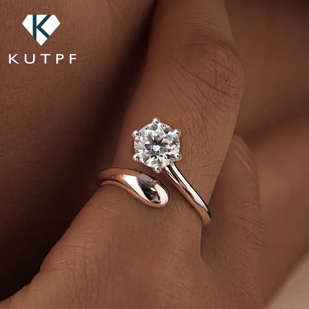 Gra Certified 1Carat Round Brilliant Cut Moissanite Diamond Open Rings for Women 925 Silver  Resizable Engagement Wedding Band