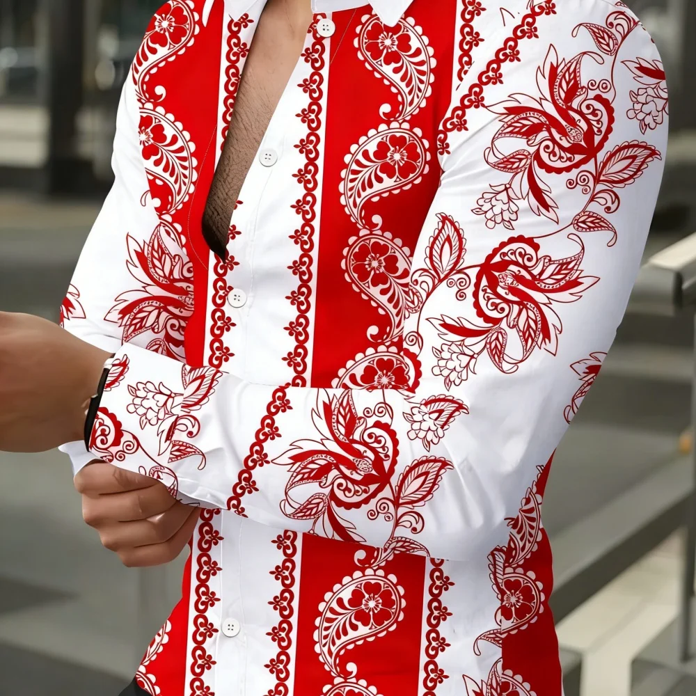 

Men's plus Size Paisley Print Long Sleeve Lapel Shirt Fashionable Casual Summer Beach Party Wear