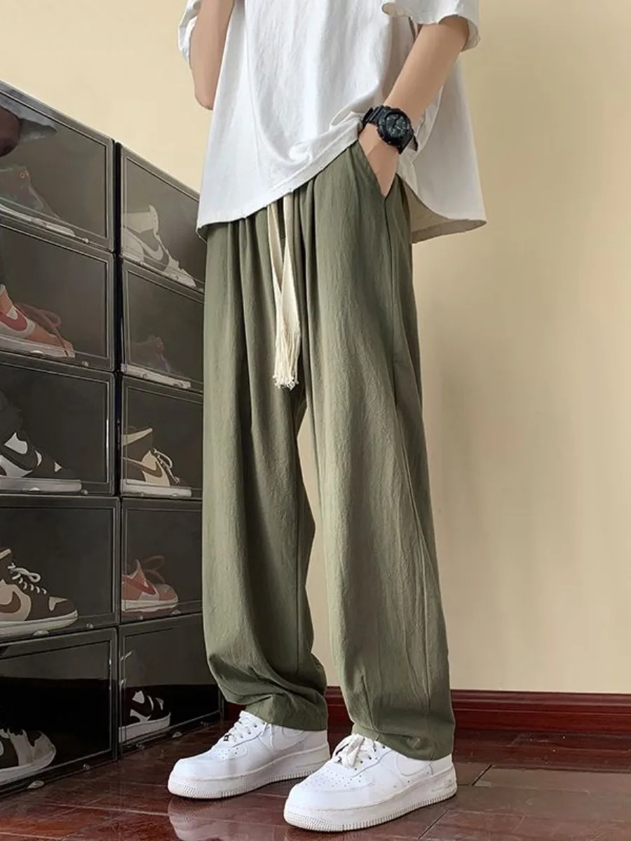 Men's Cotton Linen Straight Leg Pants Summer Thin New Sporty Trendy Military Green Casual Trousers Comfortable Breathable