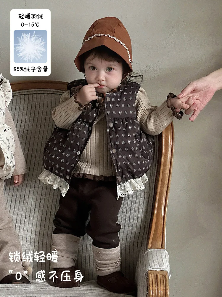 الفتيات أسفل سترة الخريف الشتاء جديد لطيف طفلة الدانتيل طباعة سترة الرضع الدافئة جاكيت بلا إكمام فئة #2