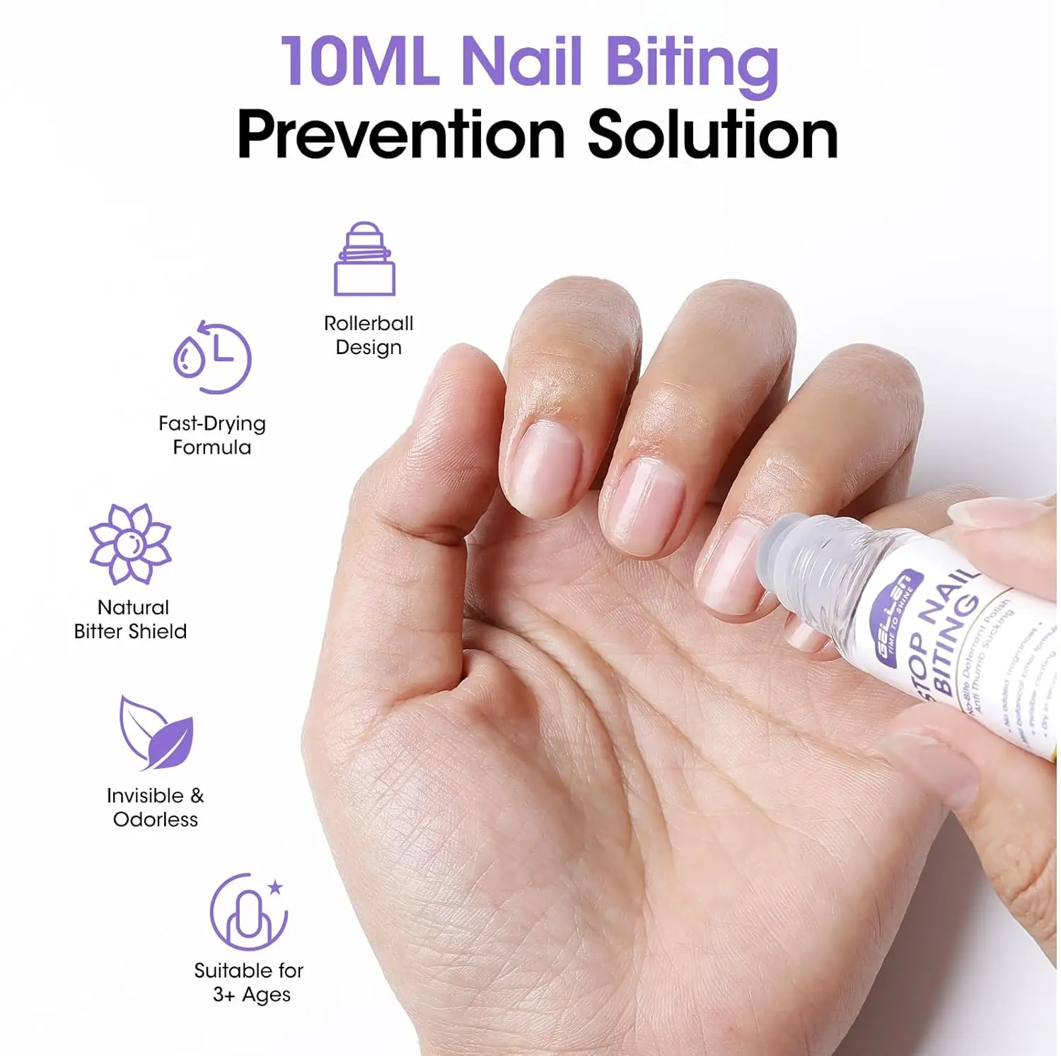 GELLEN Nail Biting Treatment Care Solution 10ml Roll-On Stop Thumb Sucking Deterrent Quick Dry Water Resistant Nail Polish