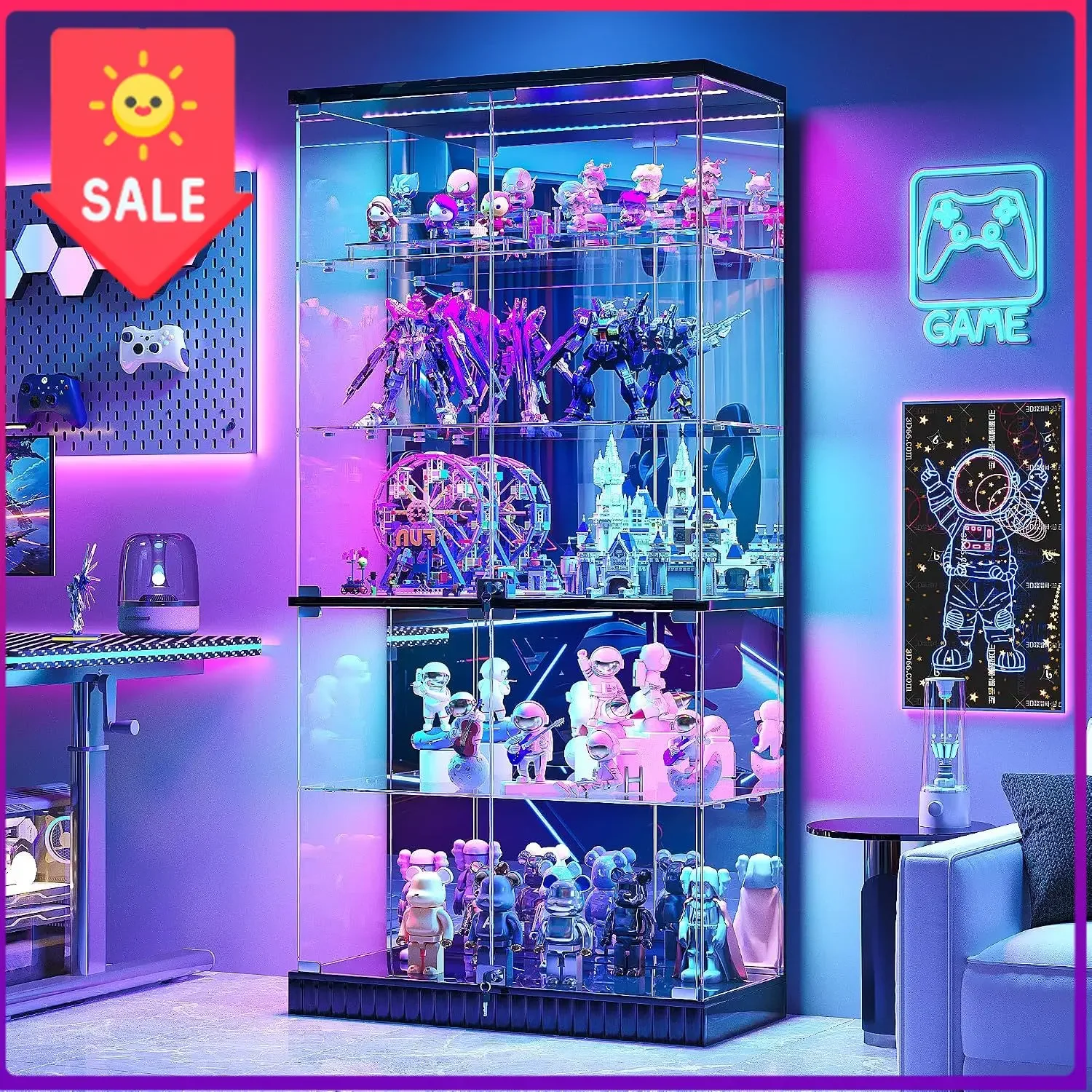 5-Tier Glass Display Cabinet with RGB Lights & Dual Locks for Collectibles | 67