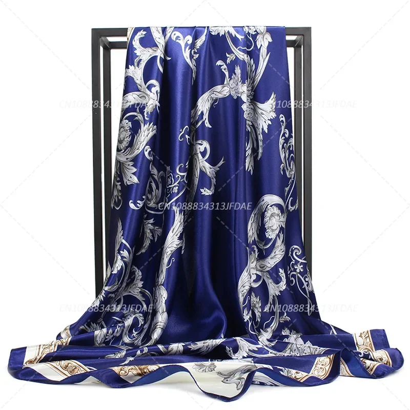 

90cm Satin Square Scarf Women Muslim Hijab Elegant Print Silk Neckerchief Shawl Wraps Headband Handle Hair Accessories Bandana