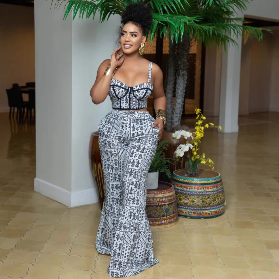 

Two Piece Sets Women Pant Set Print Sexy Strapless Sleeveless Sling Tops Long Flare Pants High Waist Y2k Streetwear Party Work