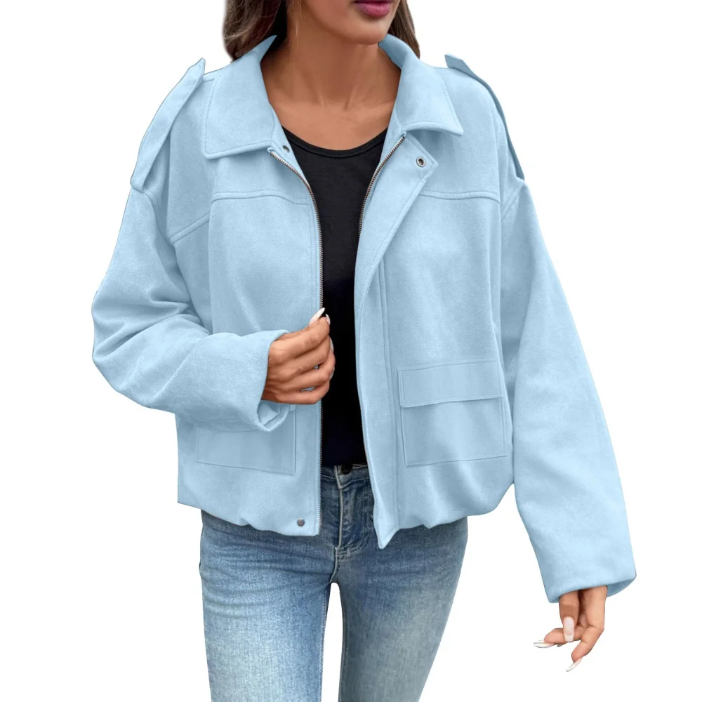 

Новое поступление 2025 года, женская однотонная модная повседневная свободная замшевая куртка на молнии с рукавами «летучая мышь»
